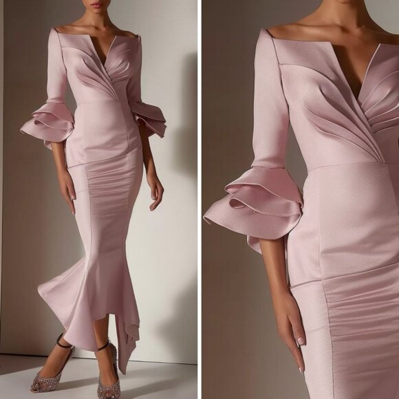 Fehaute Pink Ruffled Bell Sleeves V Neck Mermaid Maxi Dress Wedding Size  8 NWT - Picture 1 of 7